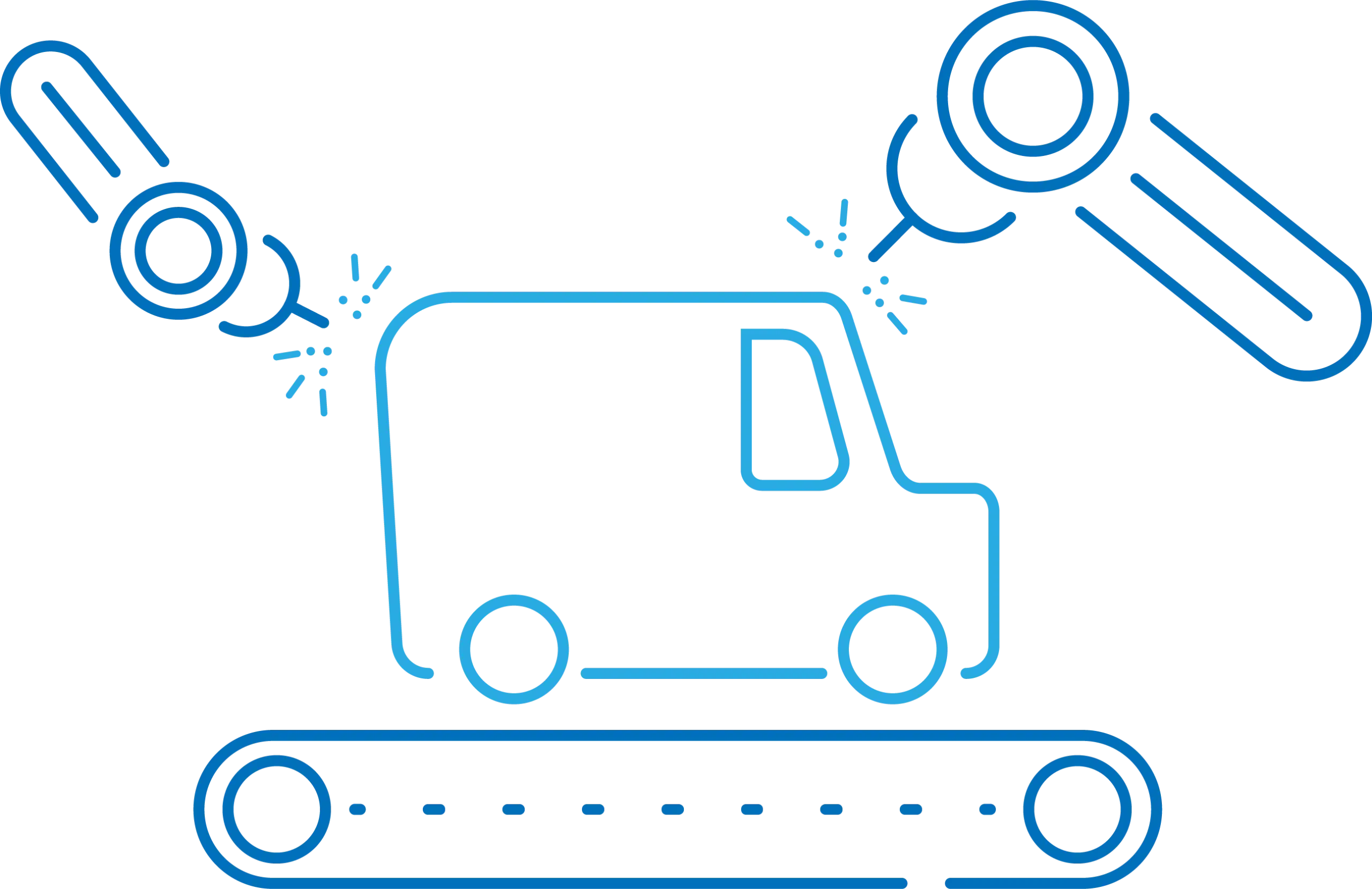 Grafik eines Fahrzeugs auf einem Fließband, das von zwei Roboterarmen bearbeitet wird, symbolisiert Automatisierung in der Fahrzeugproduktion