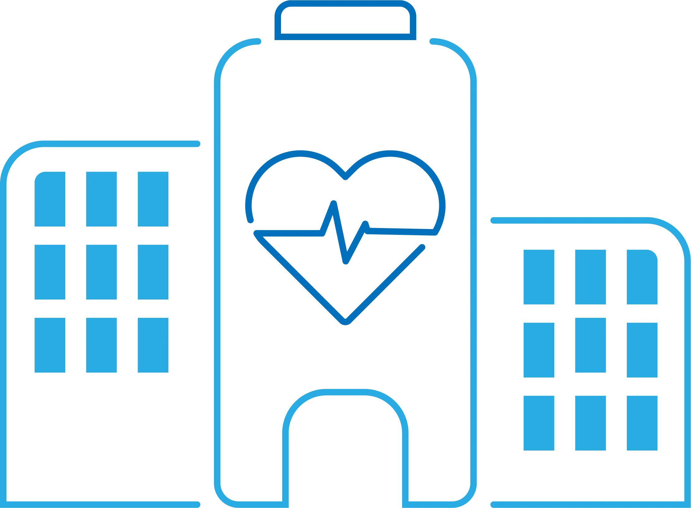 Symbolgrafik eines Krankenhausgebäudes mit Herz und EKG-Linie, die Gesundheitswesen oder medizinische Versorgung darstellt.