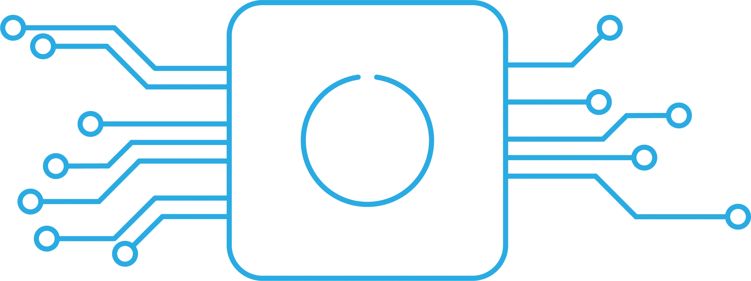 Grafik eines simplen Computerchips mit einer zentralen quadratischen Form Schaltkreise symbolisieren.